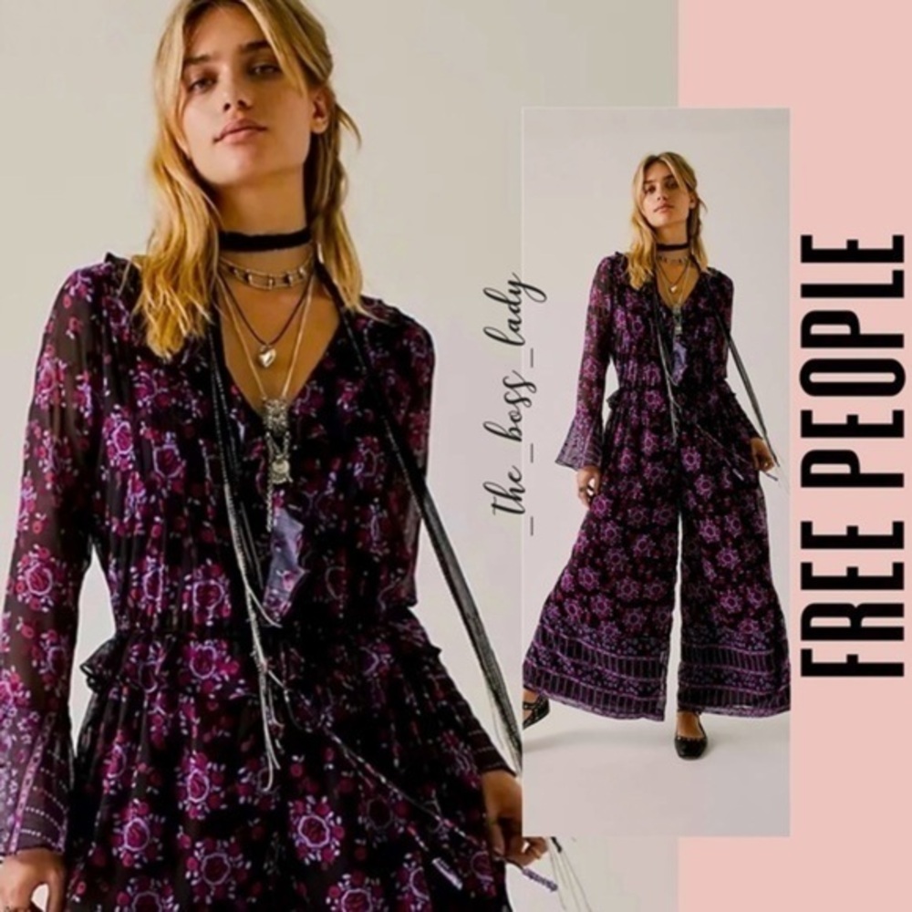 Free People floral jumpsuit XS ruffled one-piece wide-leg romper boho onesie